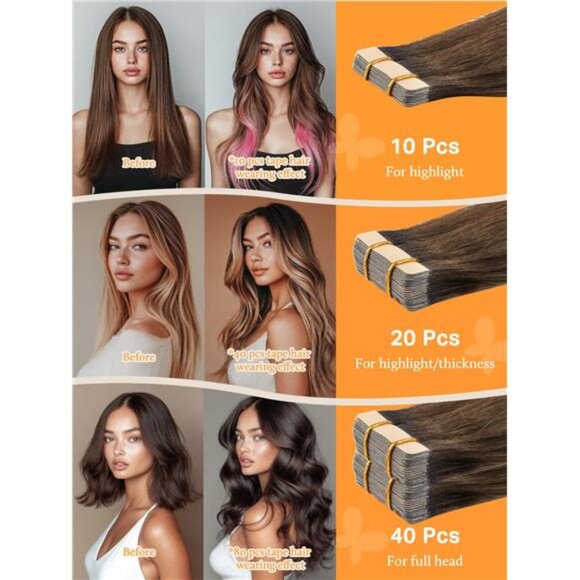 Tape in Hair Extensions Human Hair, Balayage Dark Brown to Chestnut
